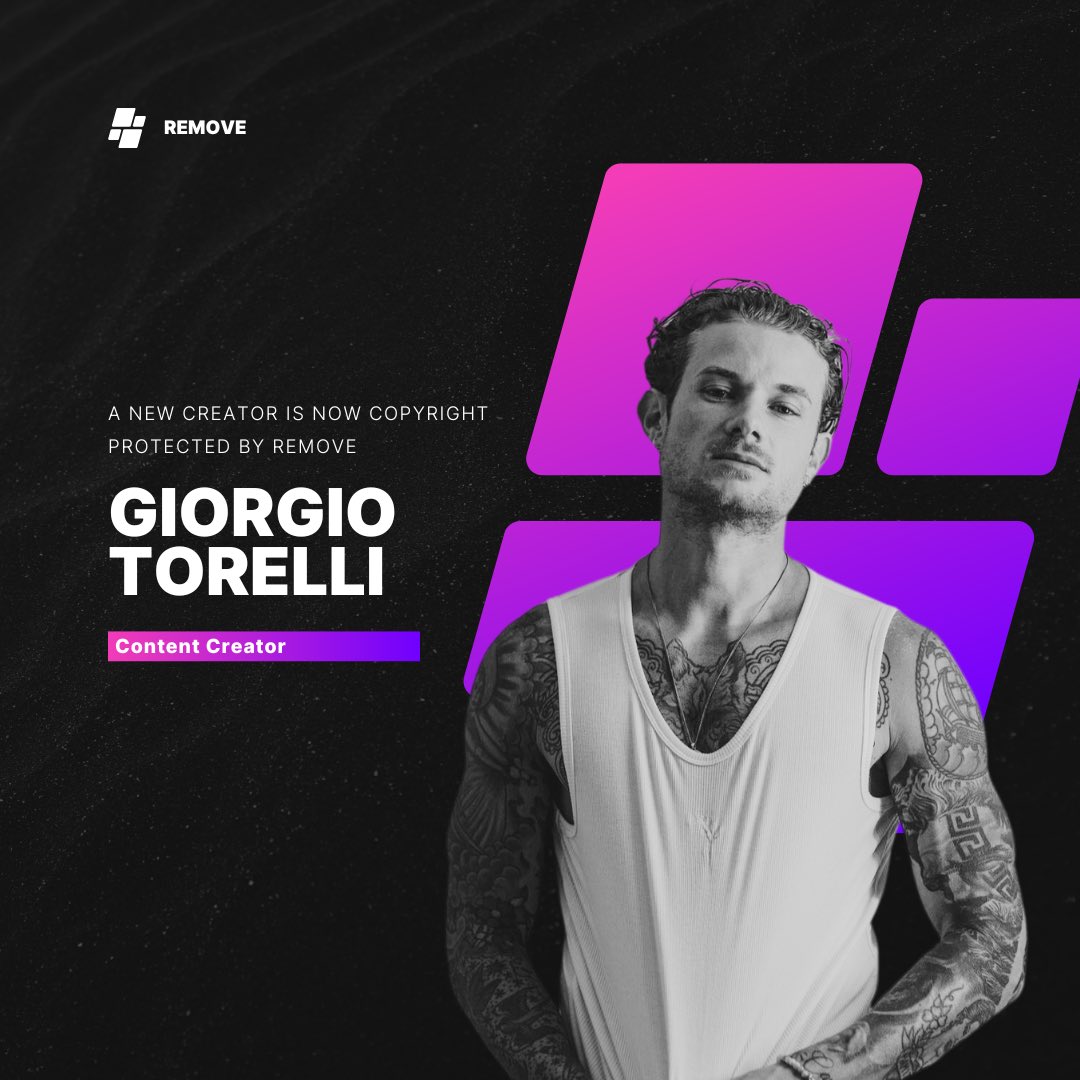remove_tech's tweet photo. We are excited to welcome Giorgio to Remove. 

Giorgio‘s content and brand is copyright protected by law and are now monitored by https://t.co/otZJnj3Ks1 
Any unauthorized use is strictly prohibited and may result in legal action. 💕

#fightpiracy #protectedbyremove https://t.co/tSoYrqETLr