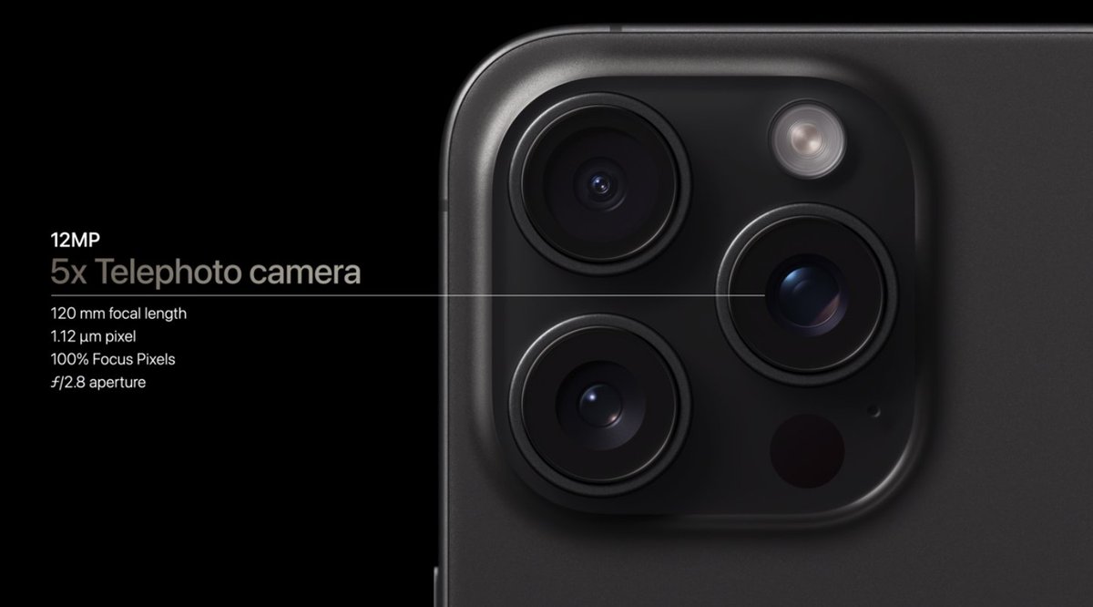 TechCrunch's tweet photo. The iPhone 15 Pro Max comes with the most capable zoom for an iPhone yet, with a 5x optical zoom. https://t.co/5yZwECStQZ #AppleEvent https://t.co/4URDFwISAv