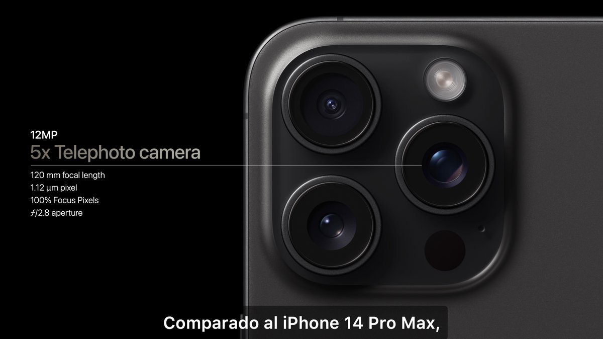 MxApple's tweet photo. iPhone 15 Pro con Cámara de 48 MP con un rendimiento espectacular, zoom óptico 5X en el Max. Una cámara realmente poderosa! Con el USB-C puedes mandar tus fotos directo a la Mac con la máxima calidad. Ahora con Videos Espaciales para Apple Visión Pro #AppleEvent https://t.co/HPYxxmhxBP