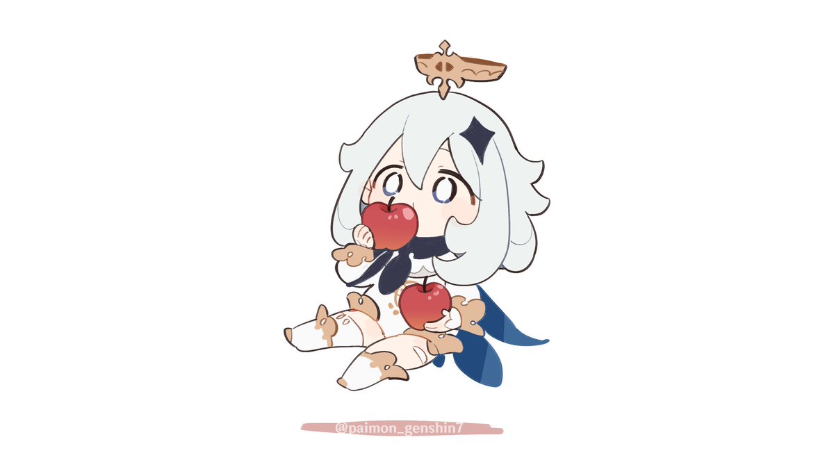 paimon (genshin impact) 1girl apple halo food white hair fruit chibi  illustration images
