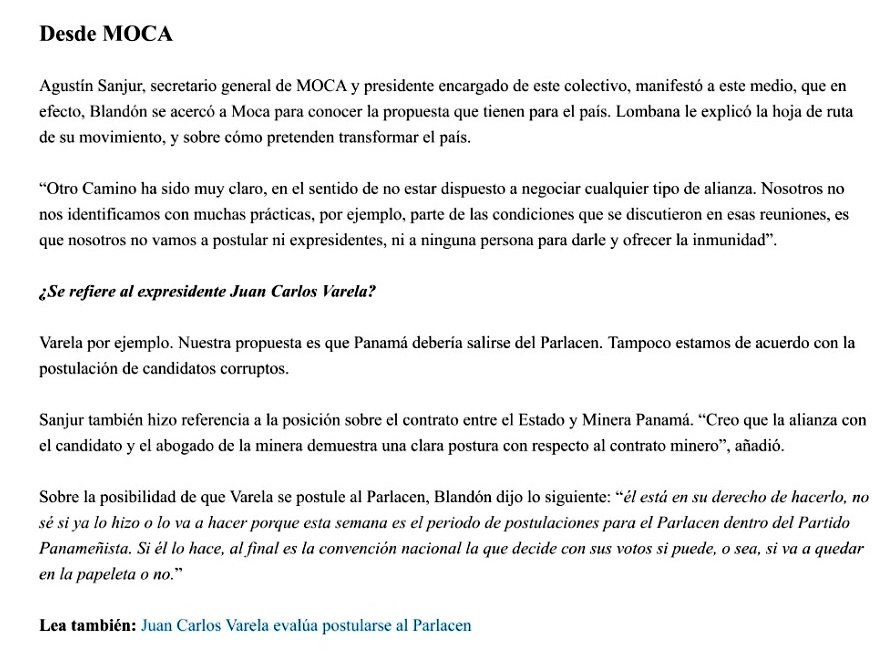 Les comparto 👇🏼, en imagen, final de la nota de La Prensa donde <a href="/tinsanjur/">Agustin Sanjur</a>, presidente encargado de <a href="/OtrocaminoPma/">Movimiento Otro Camino - Partido político - Panamá</a>, explica lo que Lombana informó a Blandón s/propuestas y condiciones no negociables en caso hipotético de alianza. En tuit de hilo listo otras condiciones planteadas