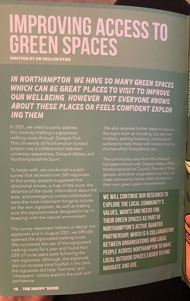 Thanks to our local good news magazine @TheHappyHoodNN for featuring our Active Quarter research in the latest edition. We want to keep working with residents to help shape the parks and greenspaces in Northampton - let us know what we should be researching 🍃