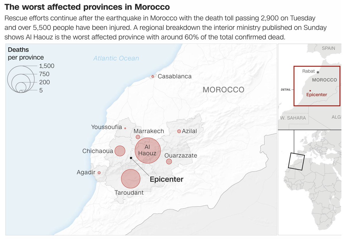 Through maps, charts and photos @CNNdatagraphics shows the impact of the Morocco earthquake From @KrystinaShveda @mrlourobinson @Henrikkp @amyokruk @robpicheta and Clint Alwahab cnn.com/2023/09/12/wor…