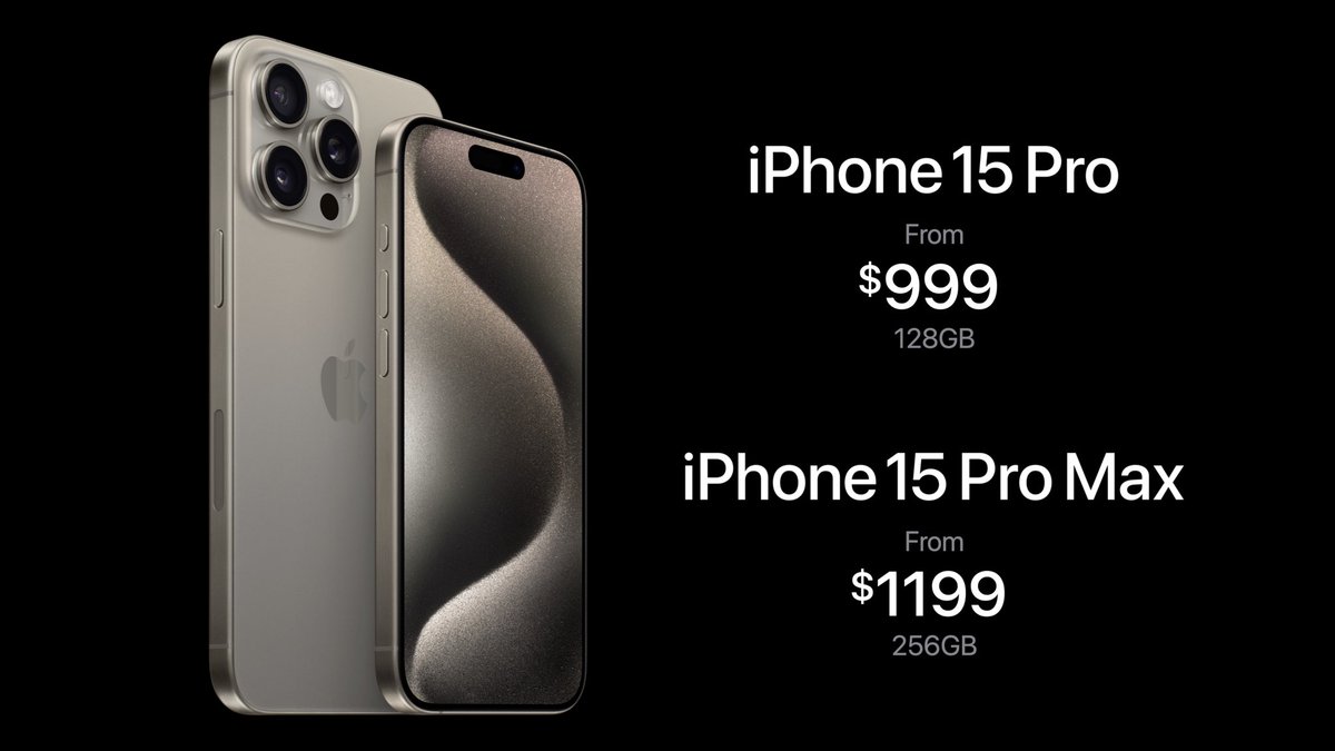 The iPhone 15 Pro starts at the same $999 price, however, the iPhone 15 Pro Max will start at a higher $1,199 price with 256GB base storage #AppleEvent