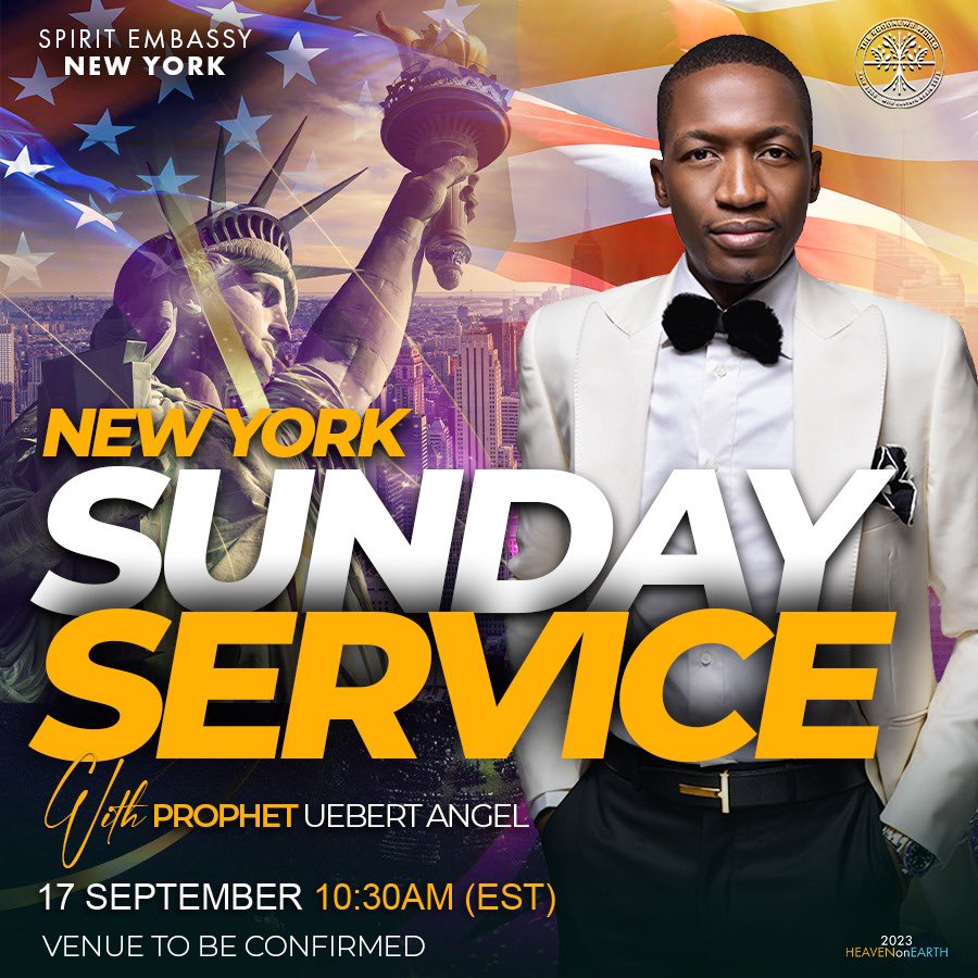 The Prophet to Christianity, The highly Esteemed Prophet Uebert Angel will be in the big apple at Spirit Embassy-New York, this very Sunday🇺🇸

Spread the word🙌

#UebertAngel #BeBeAngel #SpiritEmbassy #NewYork #ChurchInNewYork #NYC