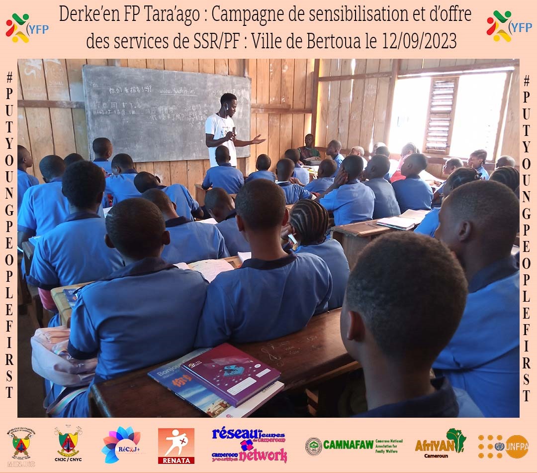 Y3zeros's tweet photo. La ville de #Bertoua a vibré ce jour, au rythme de la campagne de sensibilisation sur la SSR/PF "Derke'en FP Tara'ago". Près de 3690 👫 des éts scolaires et 2000 🧔🧕 ds les lieux publics (marchés, gares) ont été sensibilisés sur la SSR et l'utilisation de la plateforme YOUTHFP. https://t.co/Oacj6PjqAR