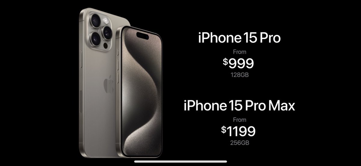 iPhone 15 Pro starting at $999, Max model starts at $1199, preorder Friday, available Sept 22 #AppleEvent