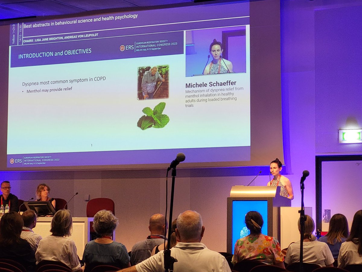 Don't think she had a moment to relax all #ERSCongress ! Dr. Schaeffer with a cool pilot study exploring the effects of menthol on dyspnea, and reminding me that I need to return to breathlessness research.
