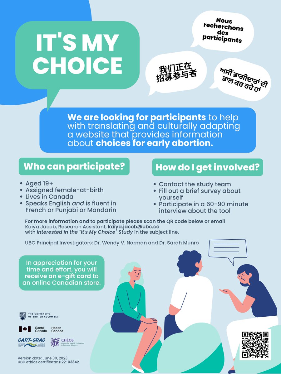 CART-GRAC (@cartgrac) on Twitter photo Do you speak English and are fluent in #French, #Punjabi, or #Mandarin? We are looking for participants to help with translating and culturally adapting a website that provides information about choices for early #abortion
For more info 📧 Kaiya Jacob at kaiya.jacob@ubc.ca Do you speak English and are fluent in #French, #Punjabi, or #Mandarin? We are looking for participants to help with translating and culturally adapting a website that provides information about choices for early #abortion
For more info 📧 Kaiya Jacob at kaiya.jacob@ubc.ca