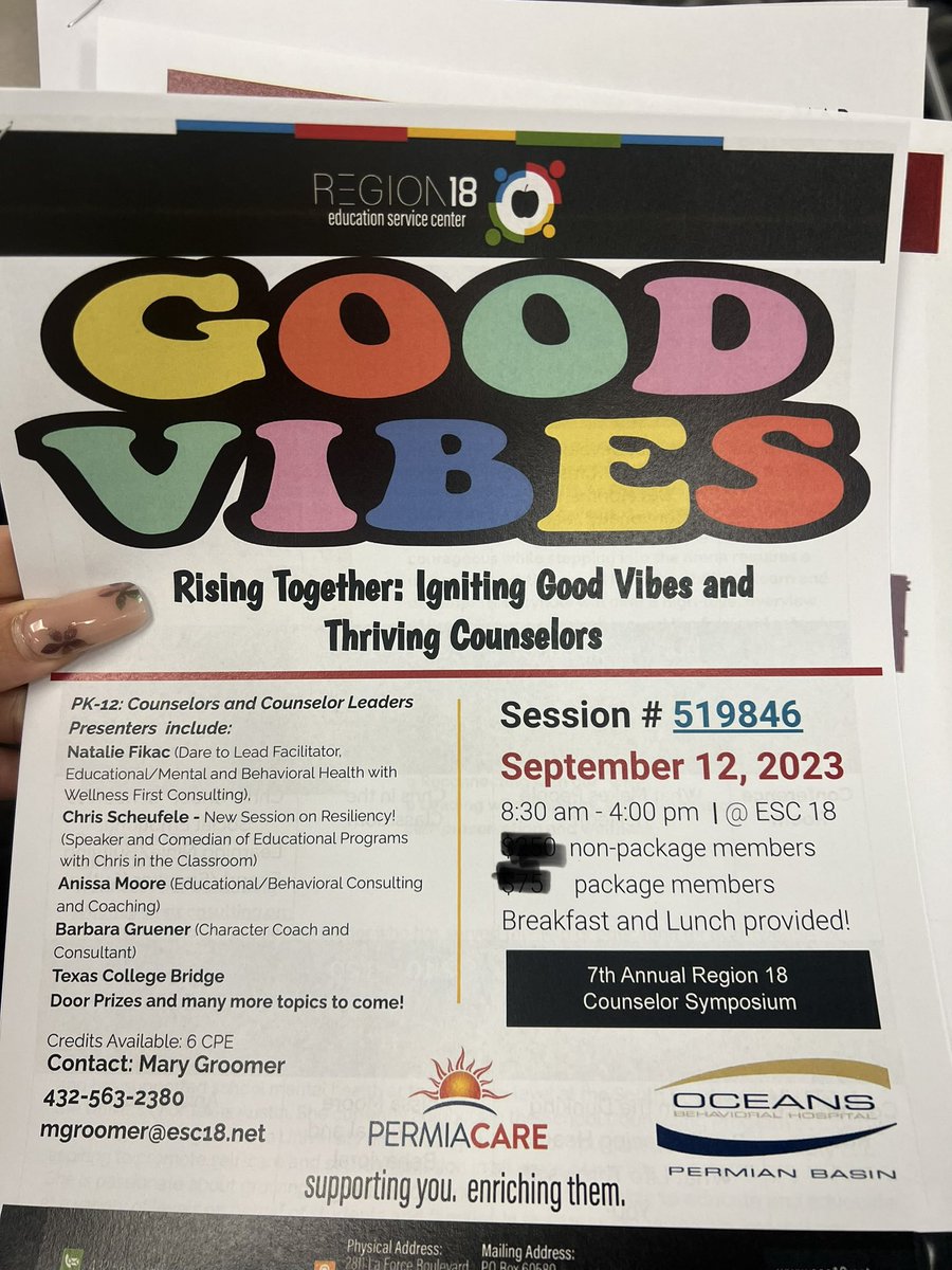 BlantonCounsel's tweet photo. Grateful to @Region18ESC for hosting the counselor symposium #GoodVibes Tons of great info from many wonderful speakers. Thank you @BarbaraGruener & @ChrisClassroom #climateoflove #nurturingwellbeing #resilience #regulateemotions Can’t wait to take this info back to @Goliad_Elem https://t.co/26lQJq9MuB