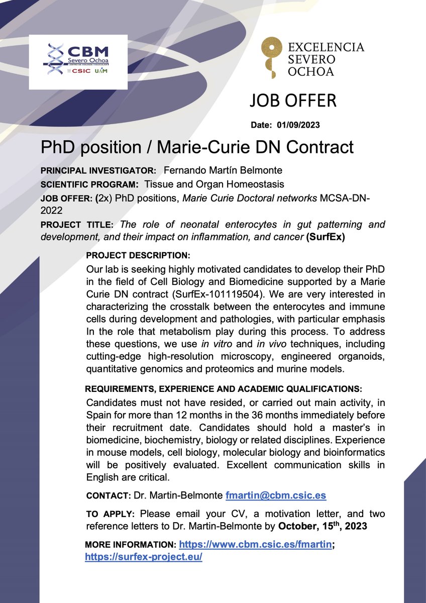 CBM_CSIC_UAM's tweet photo. #hiring #phd
Vacancy at CBMSO!
The Belmonte lab offers 2 PhD positions, Marie Curie Doctoral networks to work on the SurfEX project
More info: https://t.co/Z4MBxBpYzX &amp; https://t.co/8e41yOwpdC
Apply: fmartin@cbm.csic.es
Deadline: 15/10/23 https://t.co/rvZ0tsZGoH