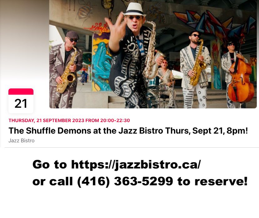 The Shuffle Demons play the @JazzBistroTO on Wednesday and Thursday Sept 20 and 21 at 8pm! Come out for the premiere of new songs as well as old favourites! Call (416) 363-5299 to reserve or go to jazzbistro.ca