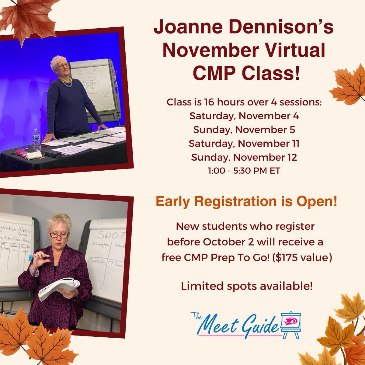 Early registration for my November Virtual CMP class is now open! New students who register during this time will receive a free CMP Prep To Go (v2)!
eventsquid.com/event/21627

#themeetguide #cmp #meetingsandevents #meetingprofs #eventprofs #miceindustry #cmpclass #cmpprep #cmpexam