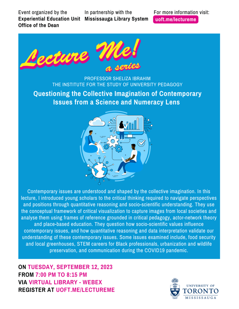 Institute for the Study of University Pedagogy (@utmisup) on Twitter photo Lecture Me! featuring Dr. Sheliza Ibrahim from ISUP is happening tonight! “Questioning the collective imagination of contemporary issues from a science and numeracy lens”. Hosted by <a href="/utmeeu/">UTM EEU</a>, <a href="/UTMlibrary/">UTM Library</a> & <a href="/DeansOffice_UTM/">DeansOffice_UTM</a>. Register at uoft.me/lectureme. Lecture Me! featuring Dr. Sheliza Ibrahim from ISUP is happening tonight! “Questioning the collective imagination of contemporary issues from a science and numeracy lens”. Hosted by <a href="/utmeeu/">UTM EEU</a>, <a href="/UTMlibrary/">UTM Library</a> & <a href="/DeansOffice_UTM/">DeansOffice_UTM</a>. Register at uoft.me/lectureme.