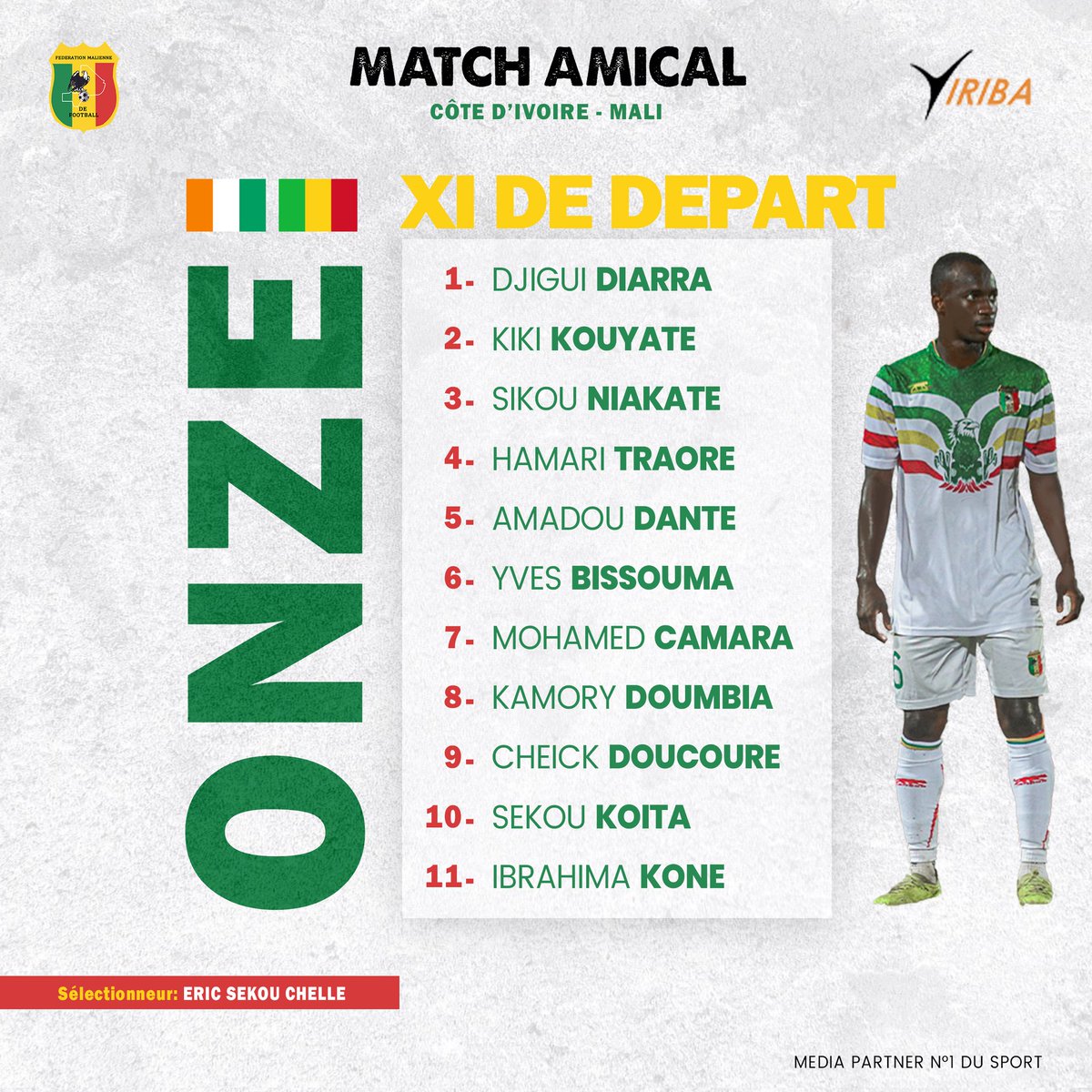 Yiribafoot's tweet photo. #Match_Amical : Côte d'Ivoire - Mali
Le 11 de départ des Aigles du Mali 🇲🇱 face aux Éléphants de Côte d'Ivoire.
Coup d'envoi : 19H00 GMT
Allez les Aigles 🦅 🇲🇱
Media Partner N°1 du Sport https://t.co/LbrRFpy2S8