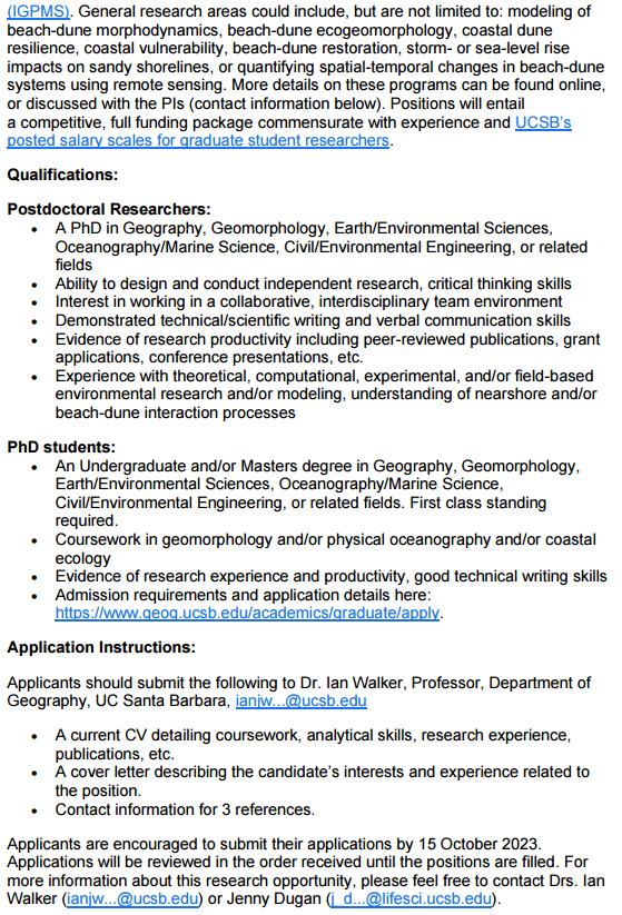 K_Emery_2012's tweet image. Please share! We are looking for 2 Postdocs and 2 PhD students for a new Coastal Resilience research project focused on beach and dune ecosystems in California. Reach out with interest or questions, hiring ASAP @USLTER @CERFScience @aslo_org