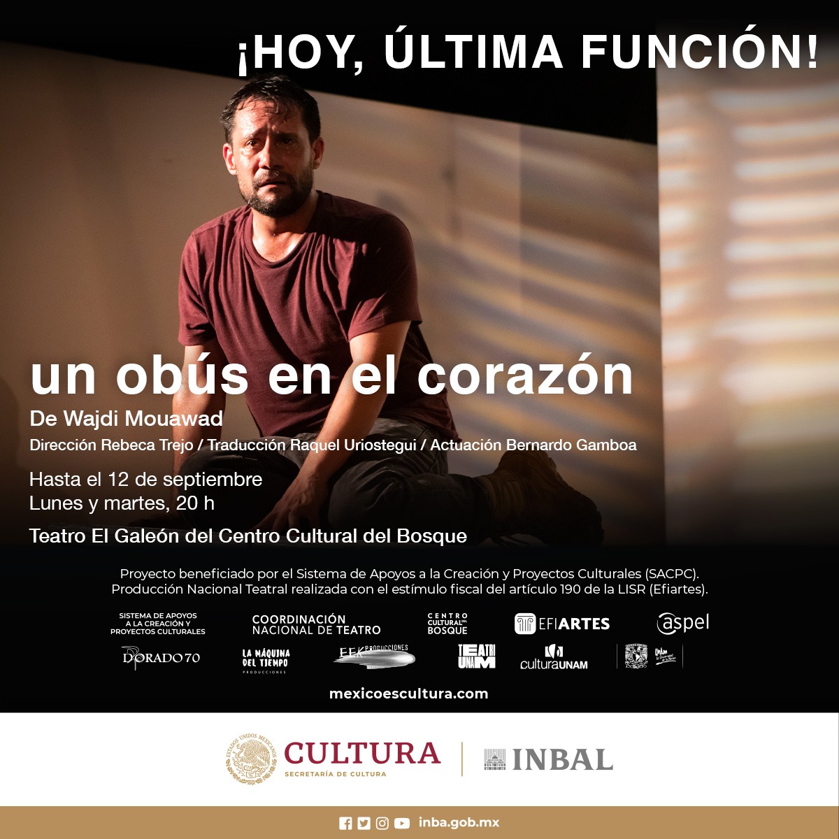 Dorado70_'s tweet photo. Muchas gracias a todas las personas que han sido parte de este viaje. Hoy cerramos la temporada de #UnObusEnElCorazón.

20 h | Teatro El Galeón.
Boletos: https://t.co/Npyz1CFIHb

De: #WajdiMouawad
Dirección: Rebeca Trejo
Traducción: Raquel Uriostegui
Con: Bernardo Gamboa https://t.co/e1CDFxew1t
