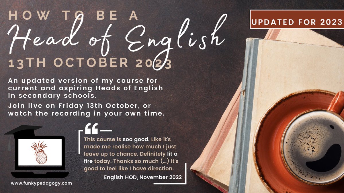 Are you a new Head of English this year? Or are you line managing one who would enjoy some supportive, practical CPD? I am delivering this course in October, updated for 2023/24. Find out more here: funkypedagogy.com/product-catego…