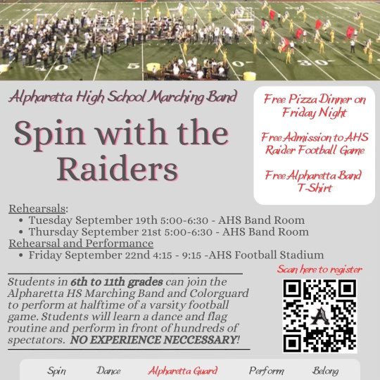 Please share with anyone interested! 6th-11th graders. Come join Alpharetta Marching Band Color Guard Program!