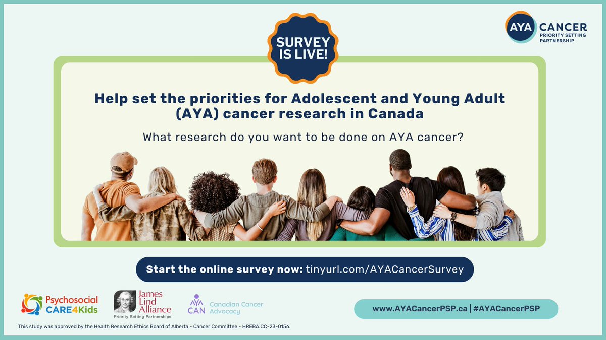 Help us set research priorities for cancer care among Adolescents and Young Adults, by completing this survey: tinyurl.com/AYACancerSurvey The survey is now live!
