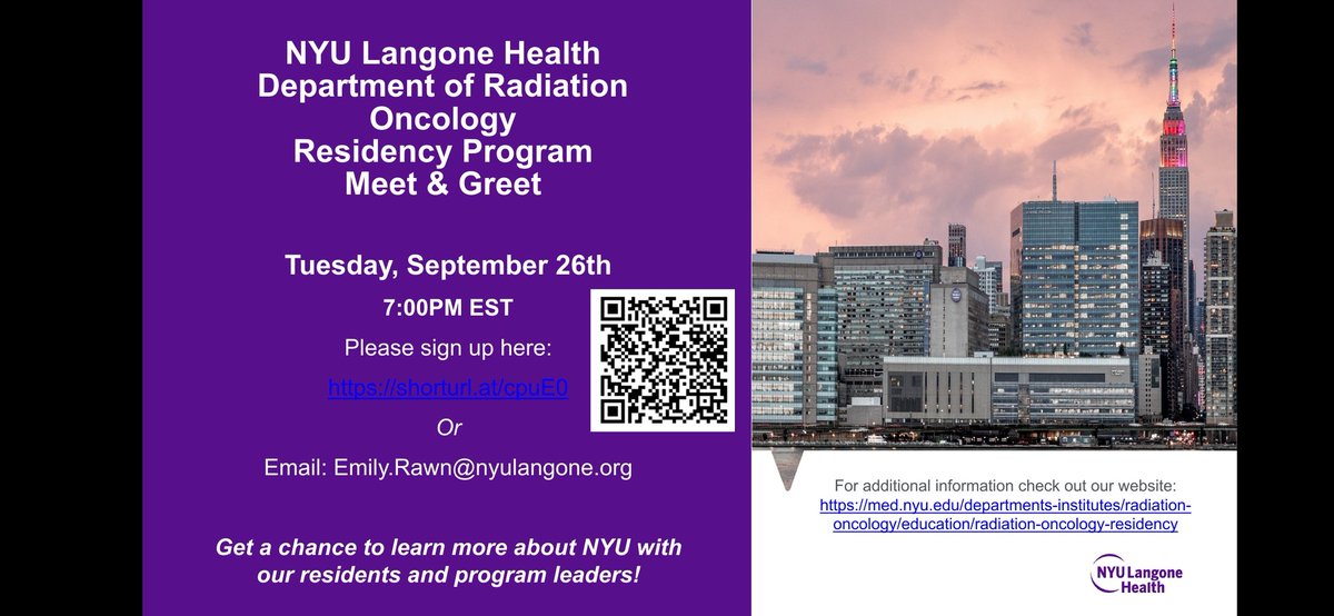 Calling #medstudents interested in radiation oncology -- join us for our Meet & Greet on Tuesday 9/26 at 7:00PM! Sign up here: shorturl.at/cpuE0 Hope to see you there! #radonc #Match2024 #NYU