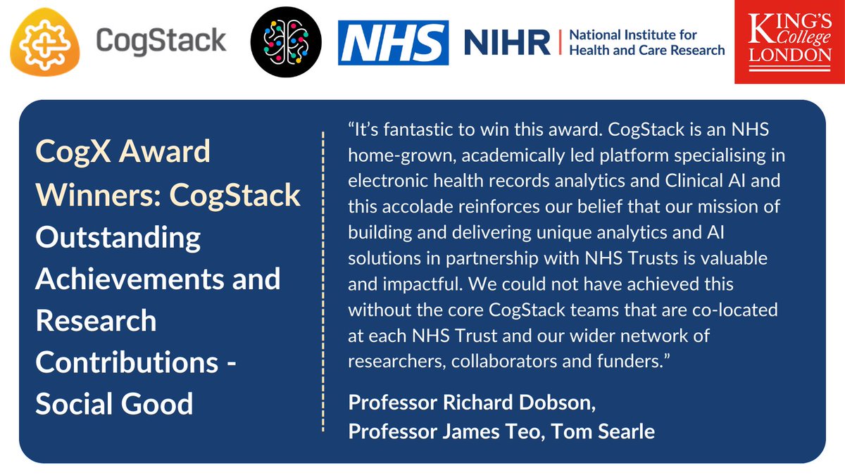 NIHR Maudsley Biomedical Research Centre (BRC) (@nihrmaudsleybrc) on Twitter photo Congratulations to <a href="/Cogstack/">CogStack</a>, for winning the Outstanding Achievements and Research Contributions - Social Good award <a href="/CogX_Festival/">CogX Festival</a>! 👏 CogStack uses #AI to unlock information from patient health records, developed by our researchers with <a href="/KingsCollegeNHS/">King's College NHS</a> & <a href="/UCLHresearch/">NIHR UCLH Biomedical Research Centre</a> Congratulations to <a href="/Cogstack/">CogStack</a>, for winning the Outstanding Achievements and Research Contributions - Social Good award <a href="/CogX_Festival/">CogX Festival</a>! 👏 CogStack uses #AI to unlock information from patient health records, developed by our researchers with <a href="/KingsCollegeNHS/">King's College NHS</a> & <a href="/UCLHresearch/">NIHR UCLH Biomedical Research Centre</a>