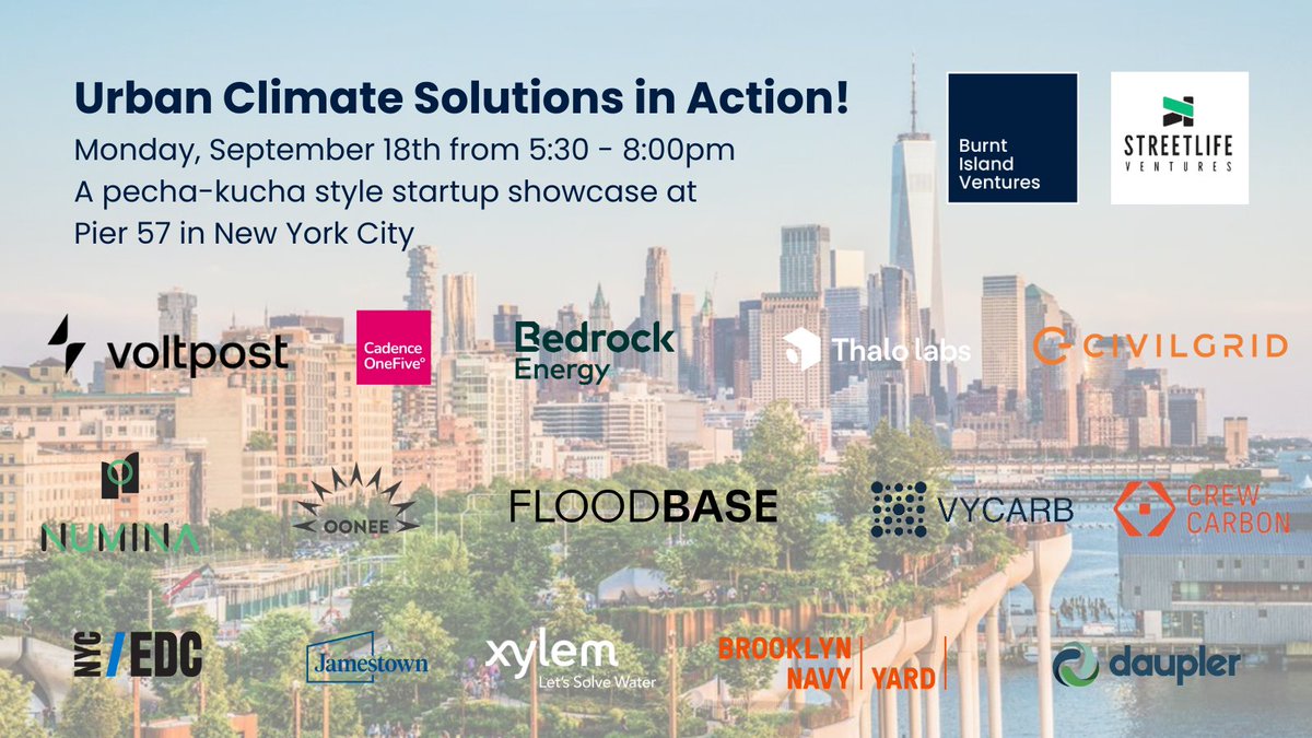 Hear from founders deploying new #climatetech solutions across our complex urban environments, along with our partners at @NYCEDC, @BklynNavyYard, @Xylem, & Jamestown. Featuring @voltpost, @numina, @ooneepod, @dauplerinc, @floodbase, @Vycarb, @CivilGrid, @Thalolabs, & more!