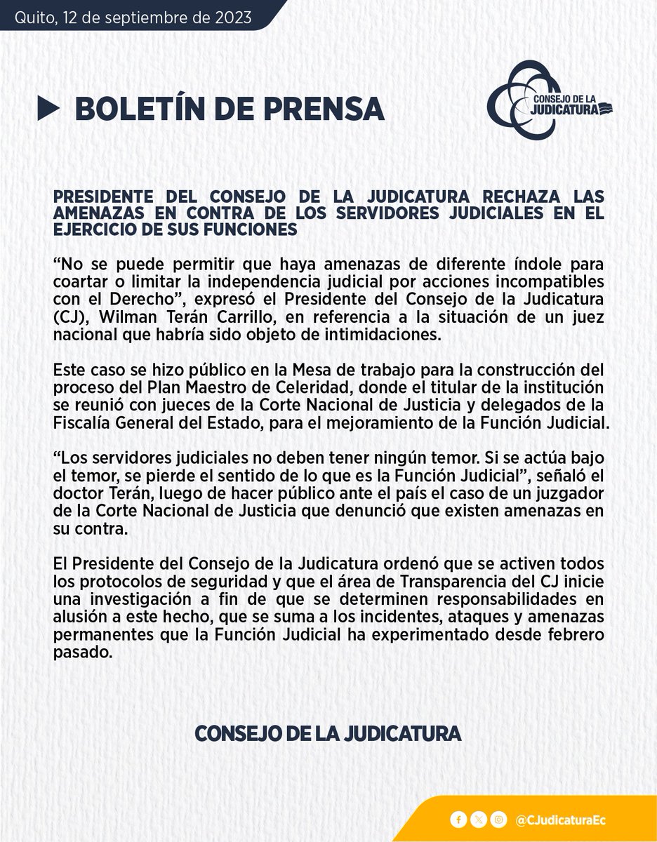 #Seguridad | El <a href="/CJudicaturaEc/">Consejo de la Judicatura</a> rechaza cualquier intento de intimidación contra los servidores judiciales. La #IndependenciaJudicial es fundamental para garantizar el Estado de Derecho y la seguridad jurídica en el país.

#PazJusticiaYVerdad