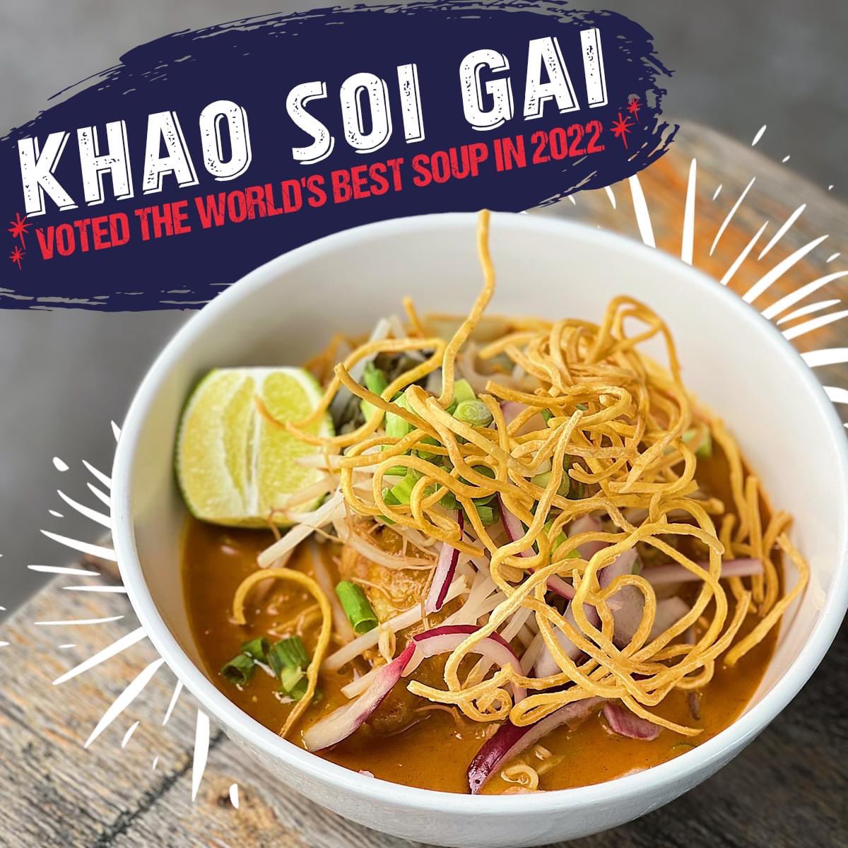Have you tried our delicious Khao Soi Gai before? 🤩

Our Khao Soi Gai is made the traditional way with on the bone chicken pieces, red onion, bean sprouts, coriander and lime - all served in a rich yellow curry sauce and topped with crispy egg noodles 🤩

Delicious! 😋