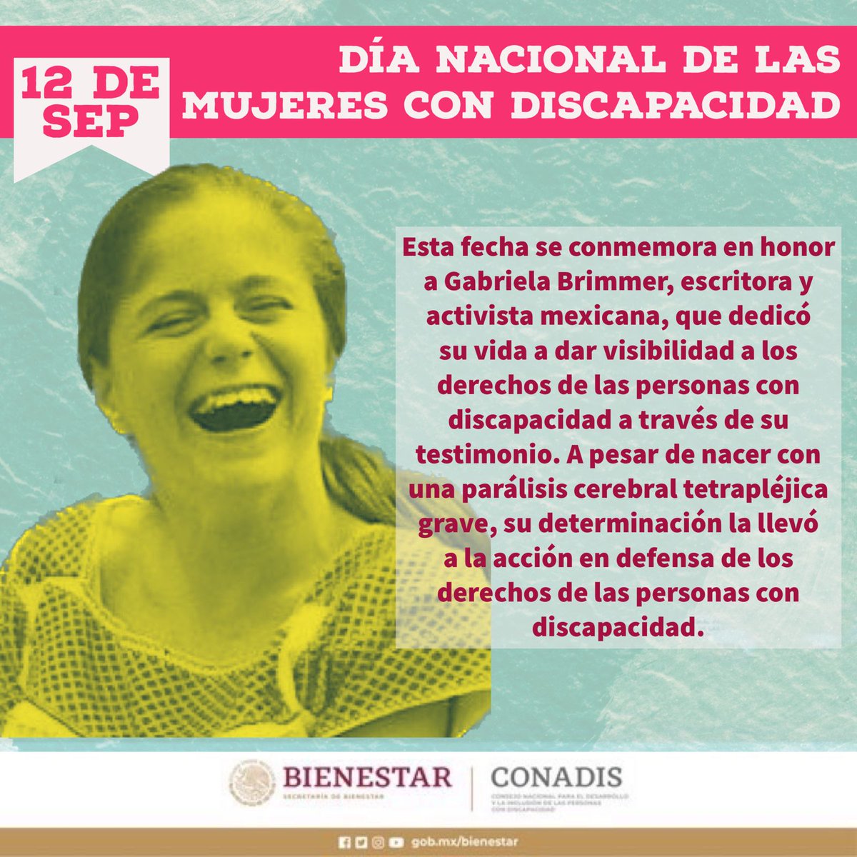 Gabriela Brimmer, escritora y activista, nos recuerda que la fuerza y el talento no conocen límites. En su memoria y en el Día Nacional de las Mujeres con Discapacidad, celebramos su legado y seguimos luchando por la igualdad. #GabrielaBrimmer #Inclusión gob.mx/conadis/articu…