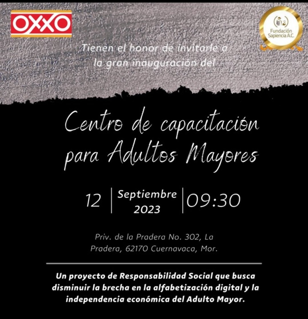 gallardolpzalex's tweet photo. En la Inauguración del Centro de Capacitación para Adultos Mayores de Fundación Sapiencia AC y apoyado por #OXXO Acudo en representación del Diputado @BetoSanchezOrt del @MorelosCongreso #adultosmayores #gruposvulnerables  @capacitacion #DDHH https://t.co/hSLu6zZsoH