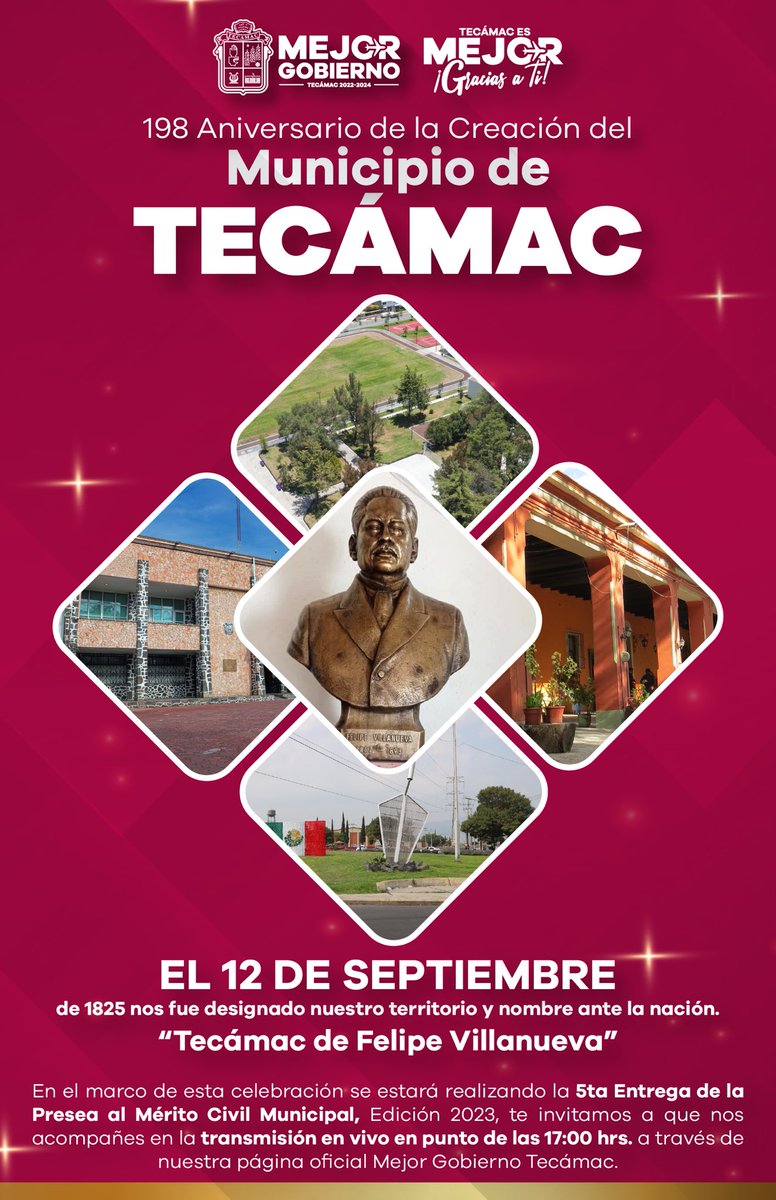 AyuntaTec2025's tweet photo. Hoy nos llenamos de orgullo celebrando 198 años de existencia de nuestro municipio, así mismo, denotando la importancia de difundir nuestra historia, costumbres y tradiciones. 

Celebremos juntos nuestro hogar ¡Tecámac!

#MejorGobiernoTecámac 
#TecámacEsMejorGraciasATi https://t.co/k6BxvLAMO8