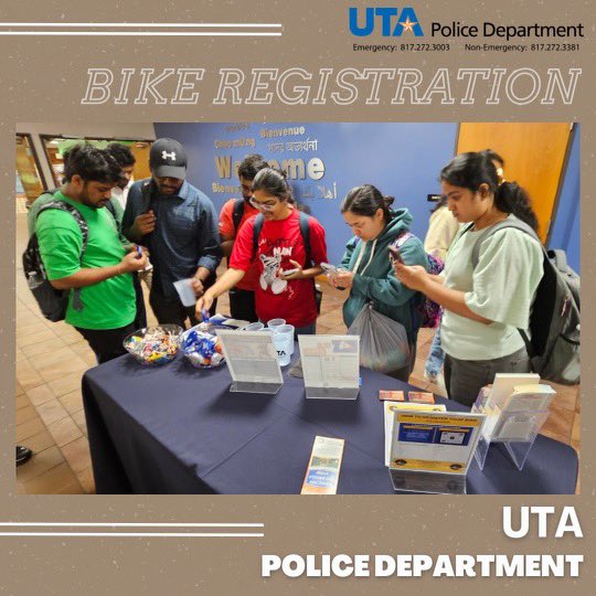 UTAPolice's tweet photo. Here are some glimpses from our todayβs Bike Registration and Campus Safety Awareness tabling! We will be tabling on September 14 in UC for bike registration! Get your bike registered with us and get to know more about safety measures!
#utapd #utapolice #utastudents #utarlington https://t.co/z4IrSjtNRZ