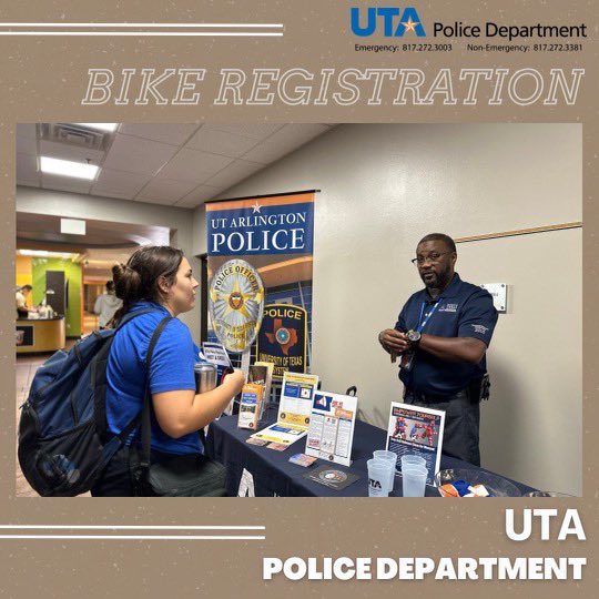 UTAPolice's tweet photo. Here are some glimpses from our todayβs Bike Registration and Campus Safety Awareness tabling! We will be tabling on September 14 in UC for bike registration! Get your bike registered with us and get to know more about safety measures!
#utapd #utapolice #utastudents #utarlington https://t.co/z4IrSjtNRZ