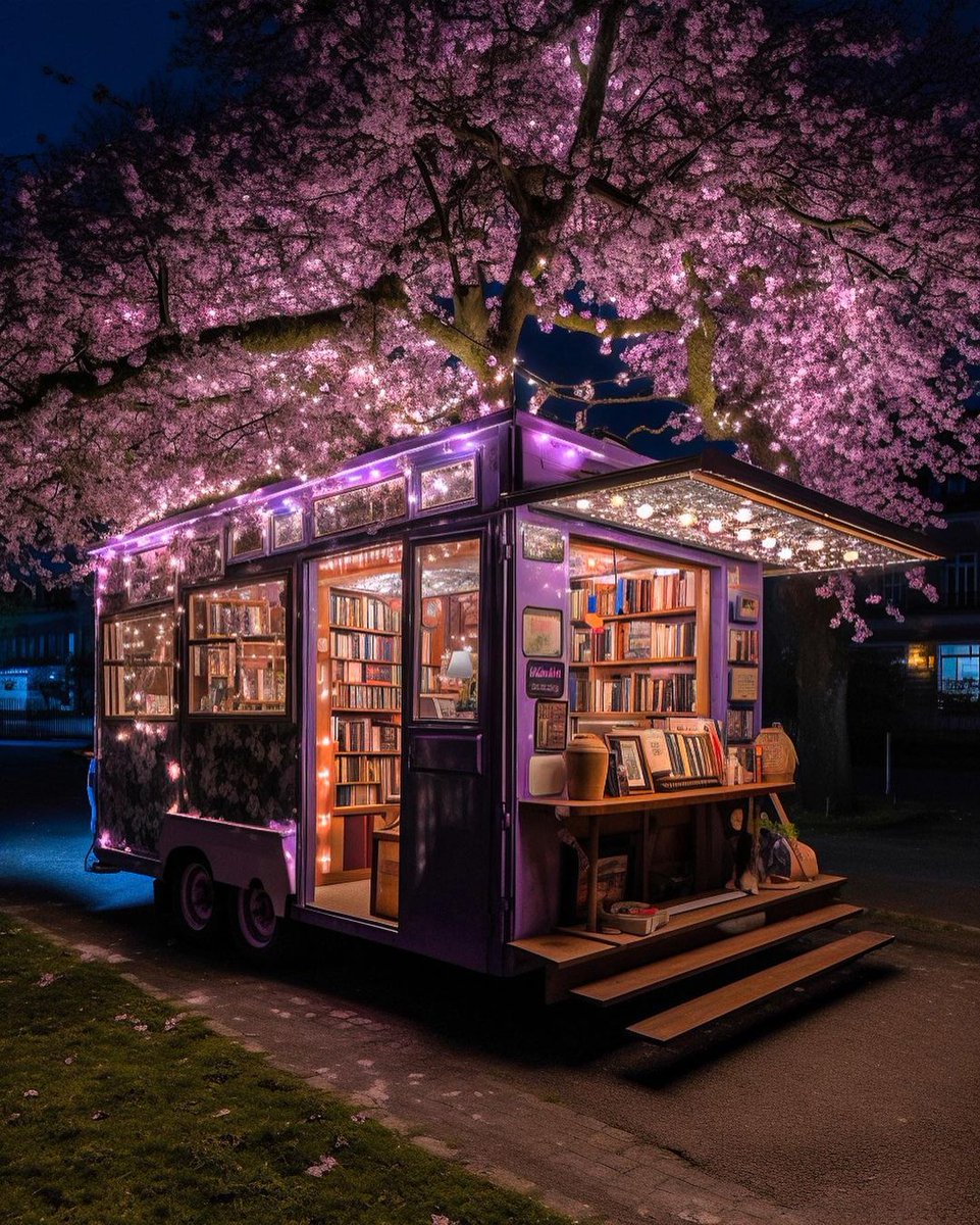 ValentyneDreams's tweet photo. A mobile book shop underneath the cherry blossoms. How perfect is this? https://t.co/XTVLJe6RsN