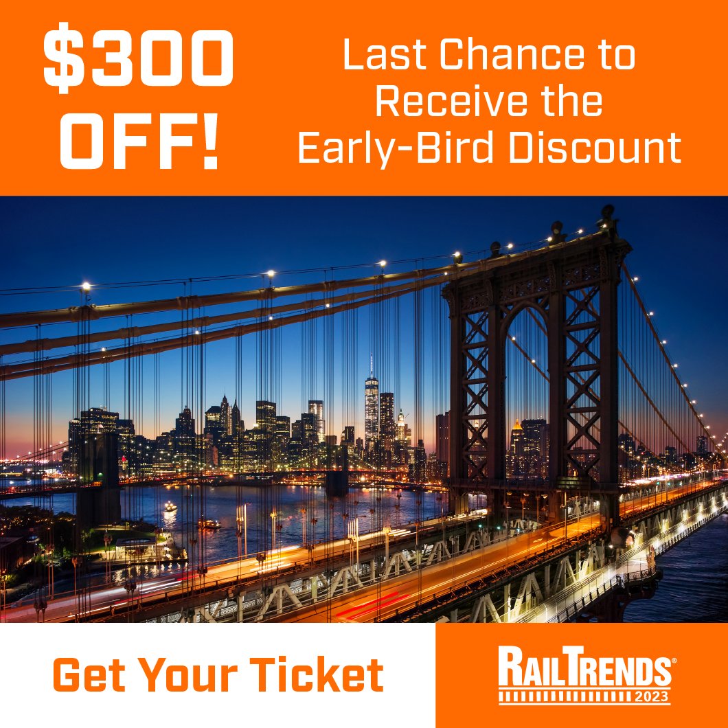 It's your LAST CHANCE for $300 off ‼️
Our RailTrends Early Bird Special end this Thursday, 9/14. 
Don't miss your opportunity for discounted tickets to the #1 Executive Rail Conference of 2023. 

Learn More: buff.ly/3QAiKqP
Save Your Spot: buff.ly/44ONlnR