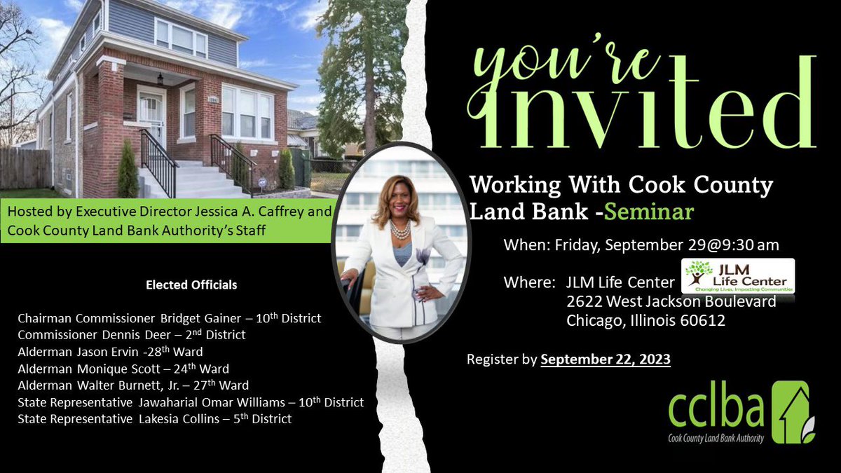 Bridget Gainer (@bridgetgainer) on Twitter photo Attention anyone interested in doing business with <a href="/CCLBA/">Cook County Land Bank</a>: register by September 22nd to attend our next Working With Cook County Land Bank Seminar!
Click here to register: eventbrite.com/e/working-with… Attention anyone interested in doing business with <a href="/CCLBA/">Cook County Land Bank</a>: register by September 22nd to attend our next Working With Cook County Land Bank Seminar!
Click here to register: eventbrite.com/e/working-with…