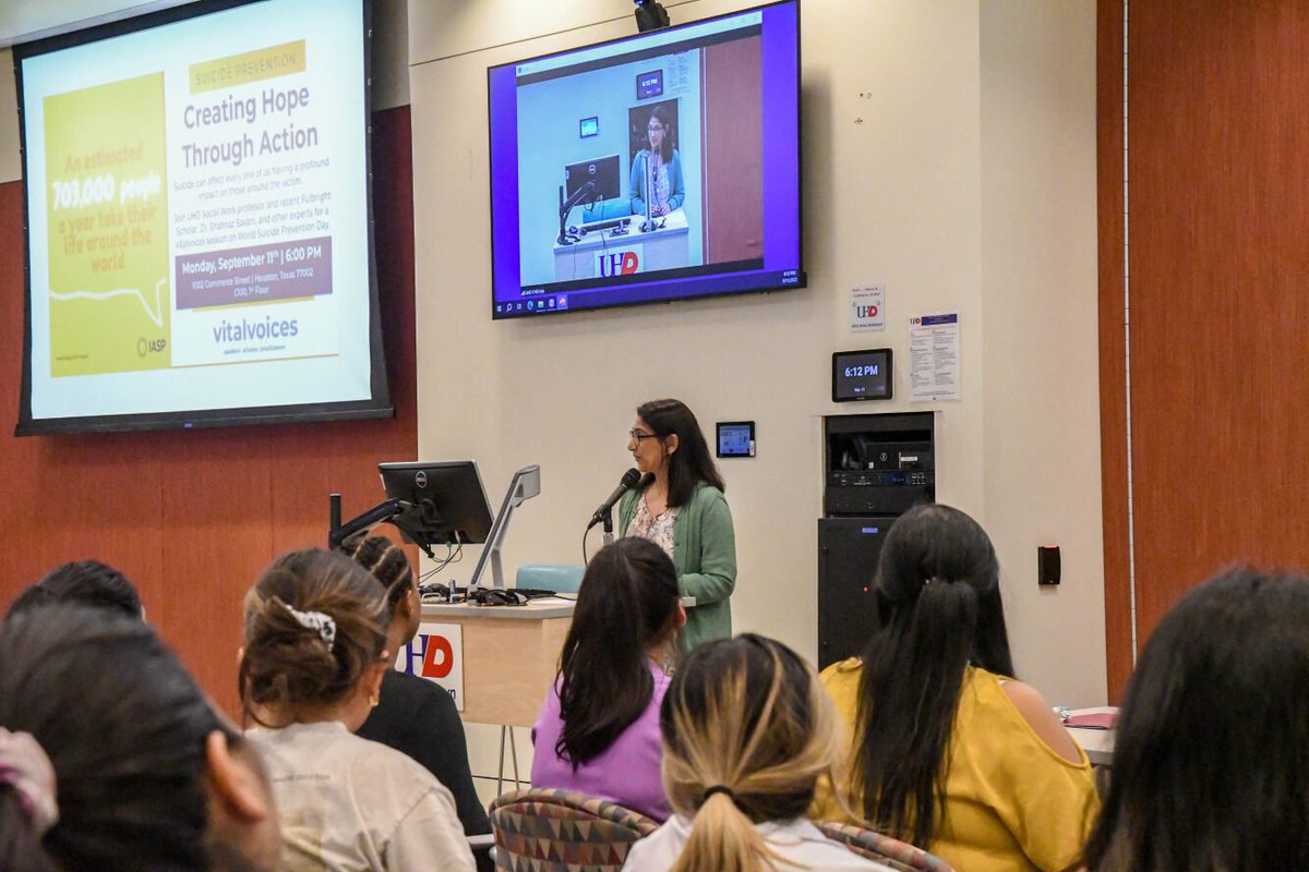 Jonschwartzuhd's tweet photo. vitalvoices presents​ UHD’s own Dr. Savani with guests Dr.  Gearing from the University of Houston, Ms. Battle from The Harris Center for Mental Health and IDD, and Dr. Cherian, live via zoom, from the National Institute of Mental Health and Neuro Sciences in India https://t.co/d4wZenj3Xg
