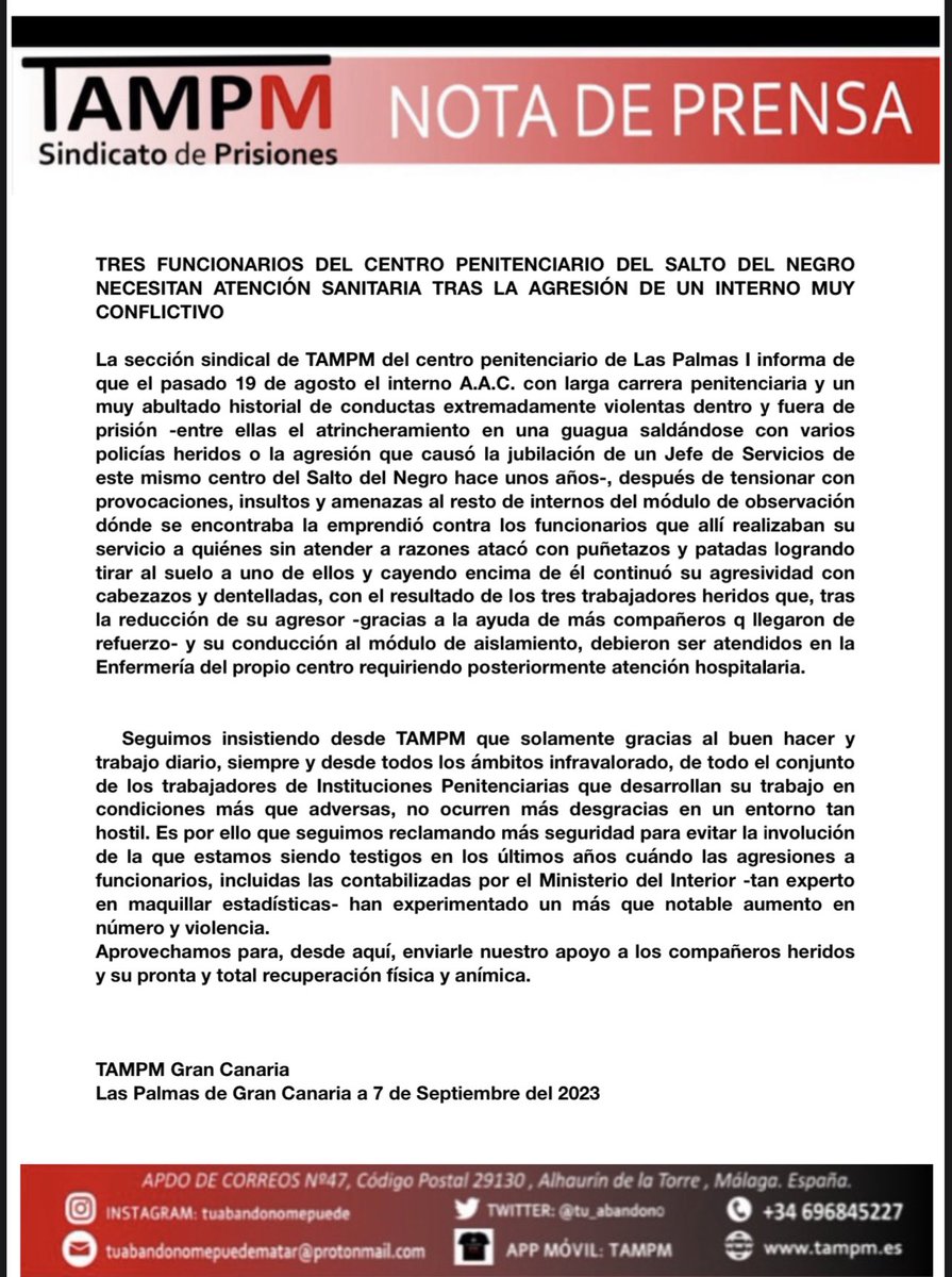 Nuevo incidente grave en la prisión del Salto del Negro. Interno muy conflictivo agrede a 3 funcionarios causándoles heridas de diferente consideración. Hasta cuando vamos a aguantar la dejadez de <a href="/IIPPGob/">Instituciones Penitenciarias</a> <a href="/interiorgob/">Ministerio del Interior</a>