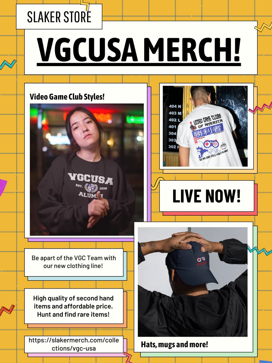 vgcusa's tweet photo. LIVE NOW!! Get your hands on our @slakermerch products! Click the link in our bio and help support the creation of new gaming clubs!!! #rethinkgaming #merch https://t.co/qN6M3fN2IE