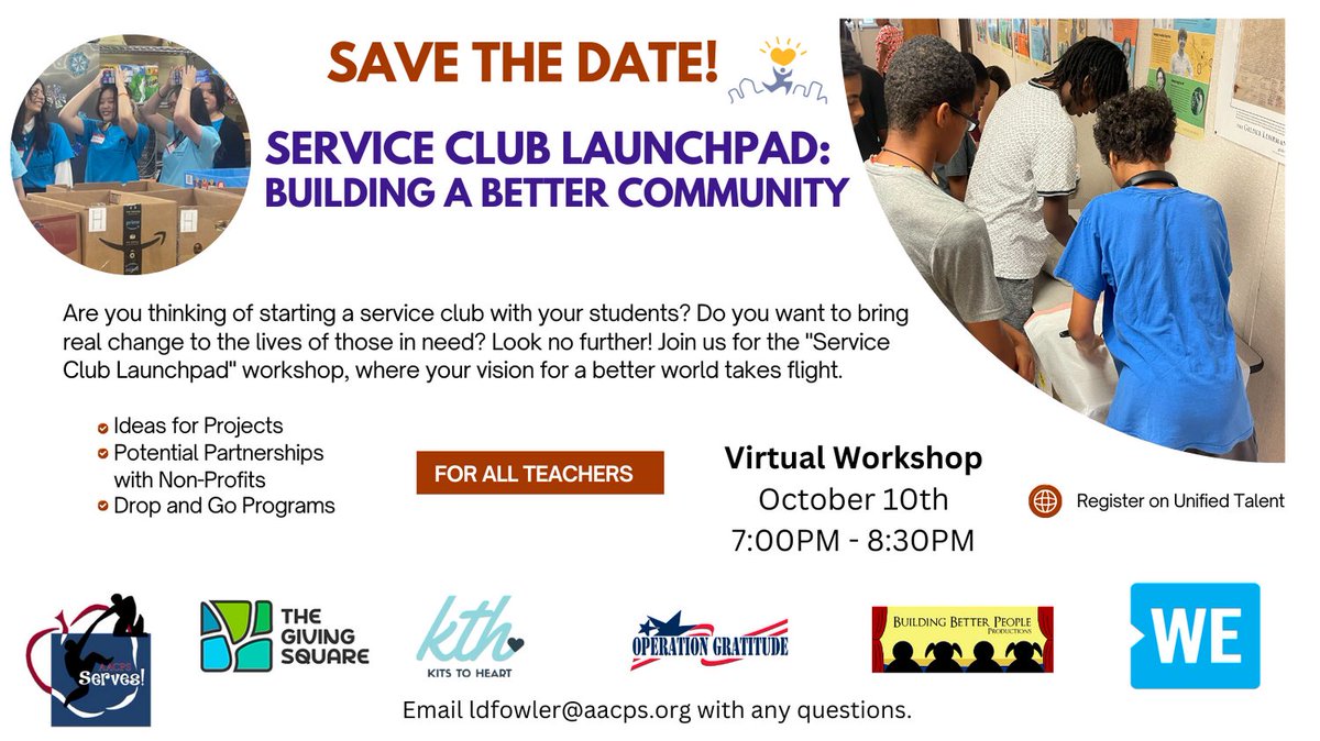 Does your school have a service club? Are you looking for ideas to enhance your club through service. Our October workshop will focus on building a better community through service. Joining us we have some of our partners who support our students as changemakers. #Serve23