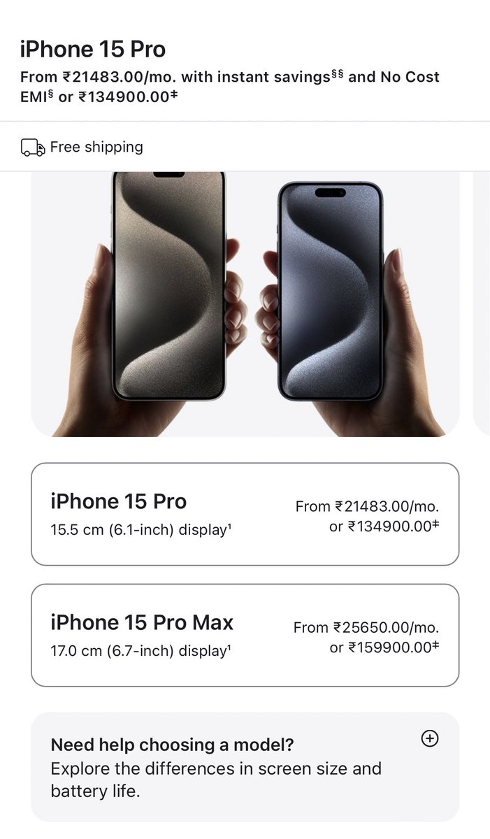 iParthSavani's tweet photo. Indian Price of iPhone 15 and 15 Pro announced on Apple’s website.
 #AppleEvent2023 https://t.co/H8h4IlC84W
