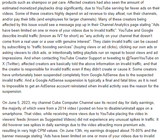 cubecompmtdx's tweet photo. Here it is - My draft message to my local TV news station regarding the YouTube Invalid Traffic situation that's killing the livelihoods and returns on investment of many small to midsize YouTube creators. Note this is not finalized and still a draft. @UrbanowiczD__ @TeamYouTube https://t.co/ENbRJMbQpf