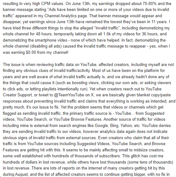 cubecompmtdx's tweet photo. Here it is - My draft message to my local TV news station regarding the YouTube Invalid Traffic situation that's killing the livelihoods and returns on investment of many small to midsize YouTube creators. Note this is not finalized and still a draft. @UrbanowiczD__ @TeamYouTube https://t.co/ENbRJMbQpf
