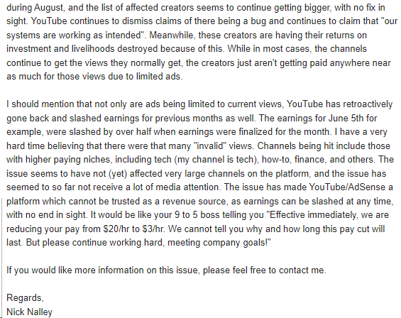 cubecompmtdx's tweet photo. Here it is - My draft message to my local TV news station regarding the YouTube Invalid Traffic situation that's killing the livelihoods and returns on investment of many small to midsize YouTube creators. Note this is not finalized and still a draft. @UrbanowiczD__ @TeamYouTube https://t.co/ENbRJMbQpf
