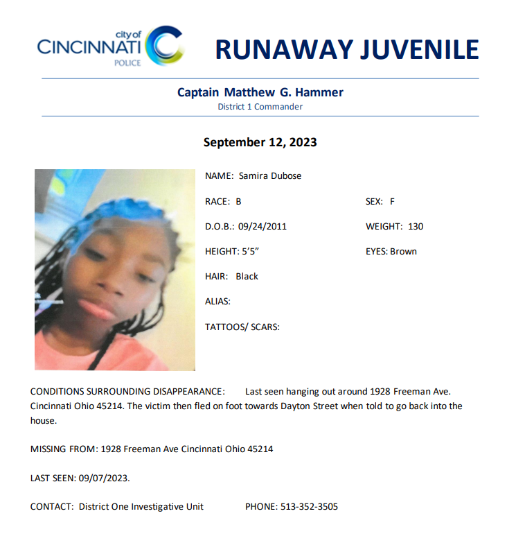 CincyPD's tweet photo. Please help us locate 11-year-old Samira Dubose. If you have any information that could help us get her home, please call 513-352-3505. https://t.co/wKIBCYtbdi