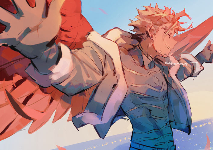 hawks (boku no hero academia) male focus 1boy wings solo blonde hair red wings jacket  illustration images