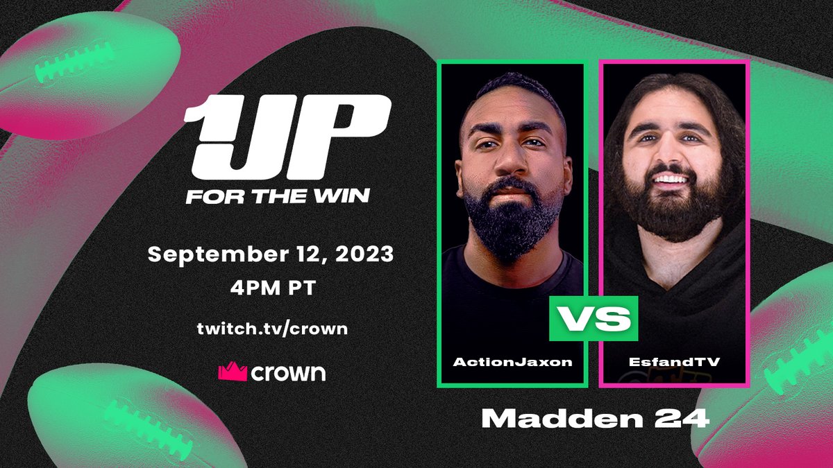 crownchannel's tweet image. 🏆 ONE UP: FOR THE WIN 🏆
LIVE TODAY!

🕹️ @actionjaxon vs @EsfandTV
🏈 MADDEN

ANY GIVEN TUESDAY
📺 4PM PT!
twitch.tv/crown