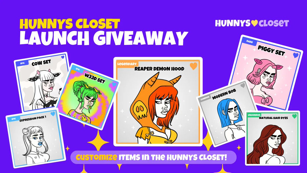 🚀 HUNNYS CLOSET LAUNCH DAY GIVEAWAY 🚀

Express your excitement for the new NFT dressup Dapp! ✨

To participate:
1️⃣ Tweet your reaction, thoughts, or excitement using #TheHunnysCloset 🎉
2️⃣ Like &amp; RT this post 🔄❤️
3️⃣ Win BIG! Over a DOZEN NEW wearable prizes up for grabs! 🎁👀