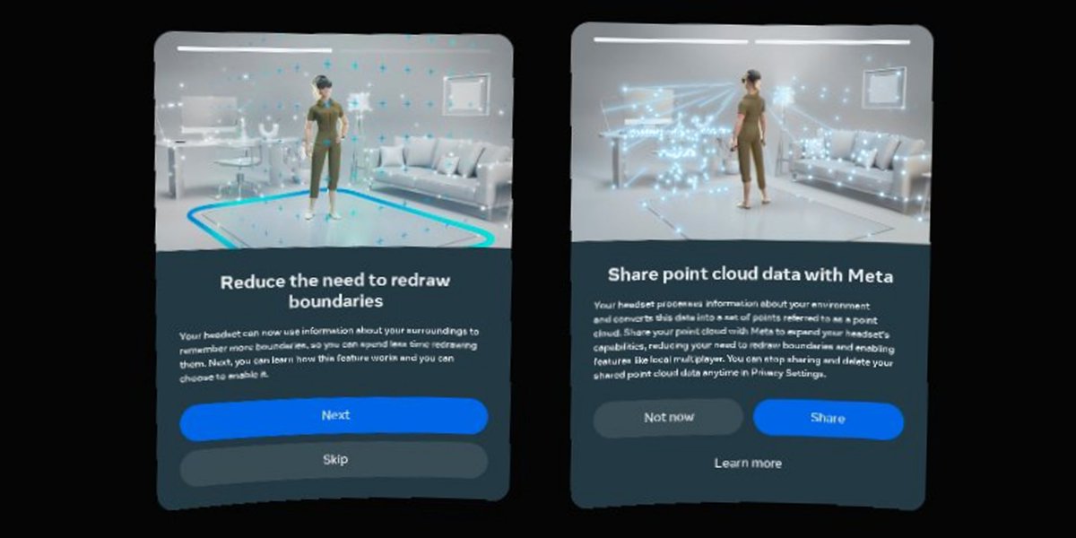 Lunayian's tweet photo. Someone I'm in a Discord server with got this in a pop-up on Quest 2 after updating to v57. It states that enabling Point Cloud sharing will allow your headset to remember Boundaries more reliably. https://t.co/saCicS3iHt